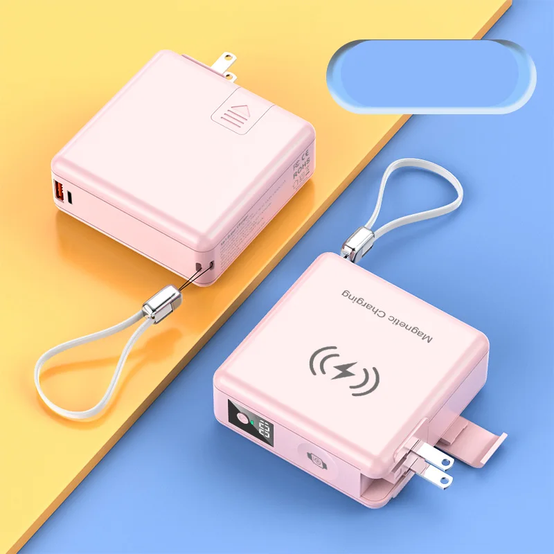 6 in 1 Wireless travel power bank Portable Fast Charger 15000mAh Built-in Cables AC plug LED Display External Battery Pack