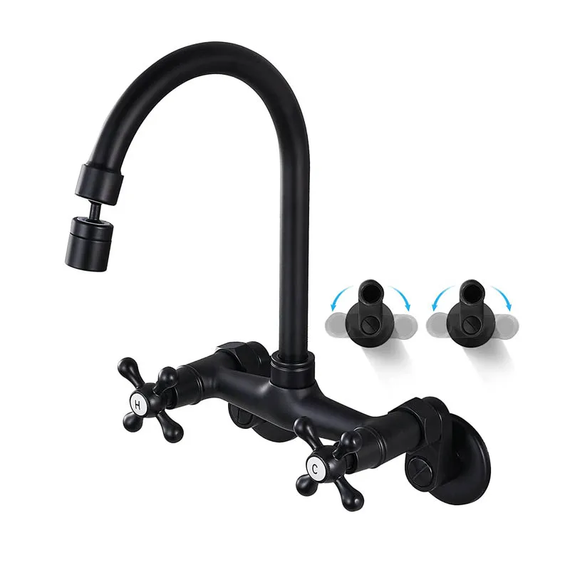 Black Wall Mount Kitchen Sink  Center Adjustable Hole Distance Mixer Tap 360 Degree Swivel Spout Double Cross Handle Faucet