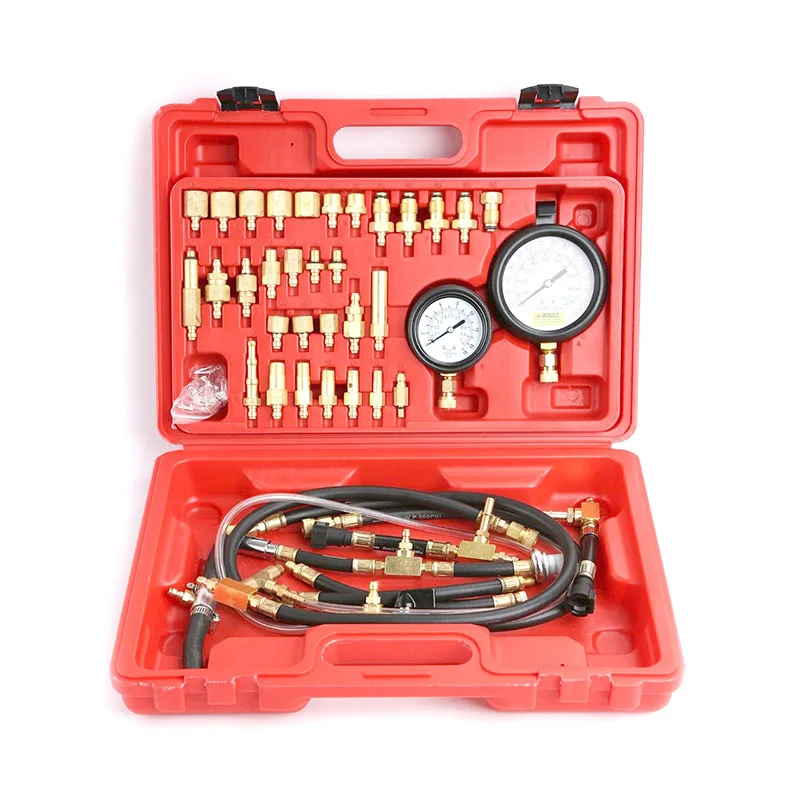 Fuel test gauge kit includes easy-to-read dual gauge hoses fittings adapters fuel pressure domestic gas vehicles car SUV truck