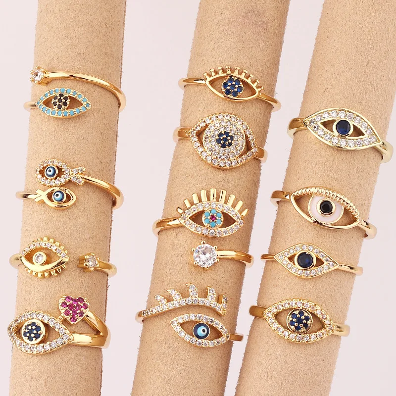 Fashion Jewelry Copper Gold Plated Exquisite Diamond Eye-shaped Opening Ring Colorful Zircon Evil Eye Finger Ring