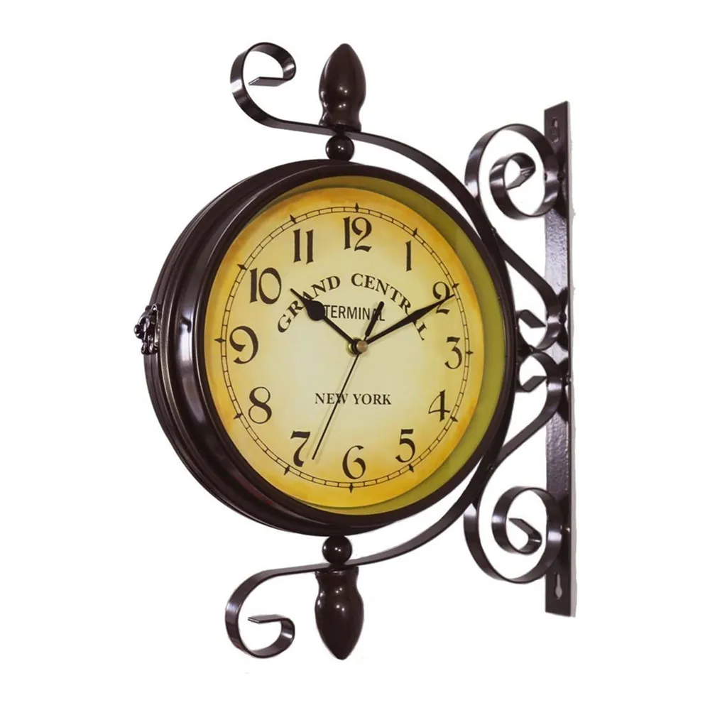 Oniya 8 inch Iron Double Sided Two Faces Retro Station Clock Round Chandelier Hanging Wall Clock with Scroll For Home decor