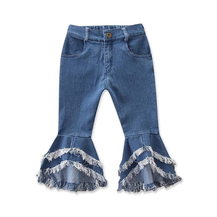 
Wholesale Customized Children Pants Denim Flared Blue Jeans for Girl Leopard Ruffle Ripped Jeans 