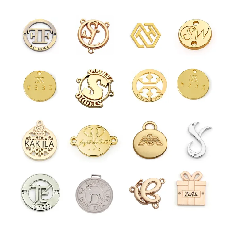 
Custom Leather Nickel Bag Tag Logo Gold Designer Apparel Lingerie Jeans Sewing Metal Label 