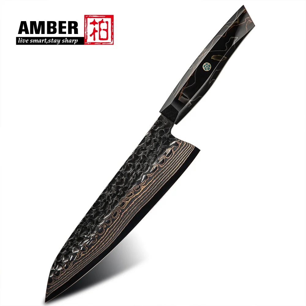 Amber chef knife high-end copper damascus steel japanese vg-10 core Copper Black damascus knife copper damascus kitchen knife