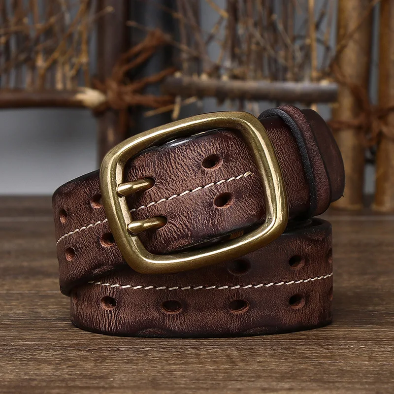 New retro personality trend to do old double buckle belt male leather pure cowhide Korean casual denim beltd