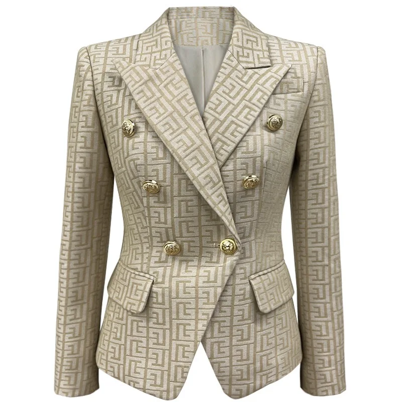 Custom jacquard logo full over slim fit double breasted office ladies office professional blazer for women