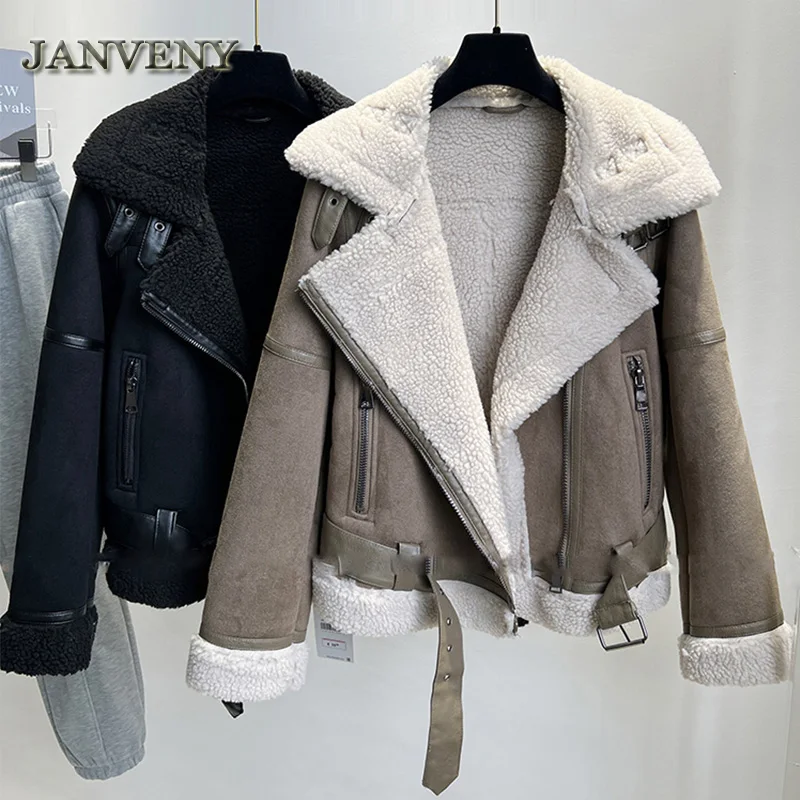 JANVENY 2023 New Winter Faux Shearling Sheepskin Faux Leather Coat Women Thickened Warm Suede Lambswool Short Motorcycle Jacket