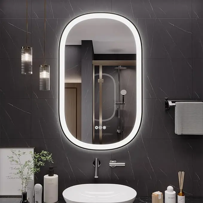Modern LED Vanity Bathroom Mirror Wall Mounted Backlit Lighted Makeup Mirror Touch Sensor Dimming Irregular Shape Bedroom Hotel