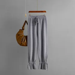 Women Autumn and Winter Knit Trousers Wide Leg Loose Pants Ankle Length Pants Casual Trouser Elastic Waist Plus Size Pants