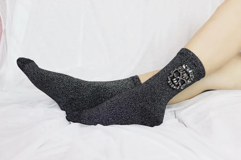 
Oem Black Skulls Diamond Silver Yarn Dark Gothic Sock For Girl 