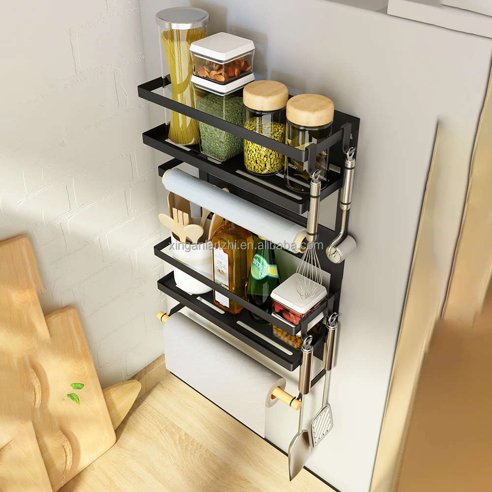 Kitchen Home Fridge Refrigerator Side Mounting Magnetic Spice bottle snack plastic wrap towel Rack Storage hanger Shelf