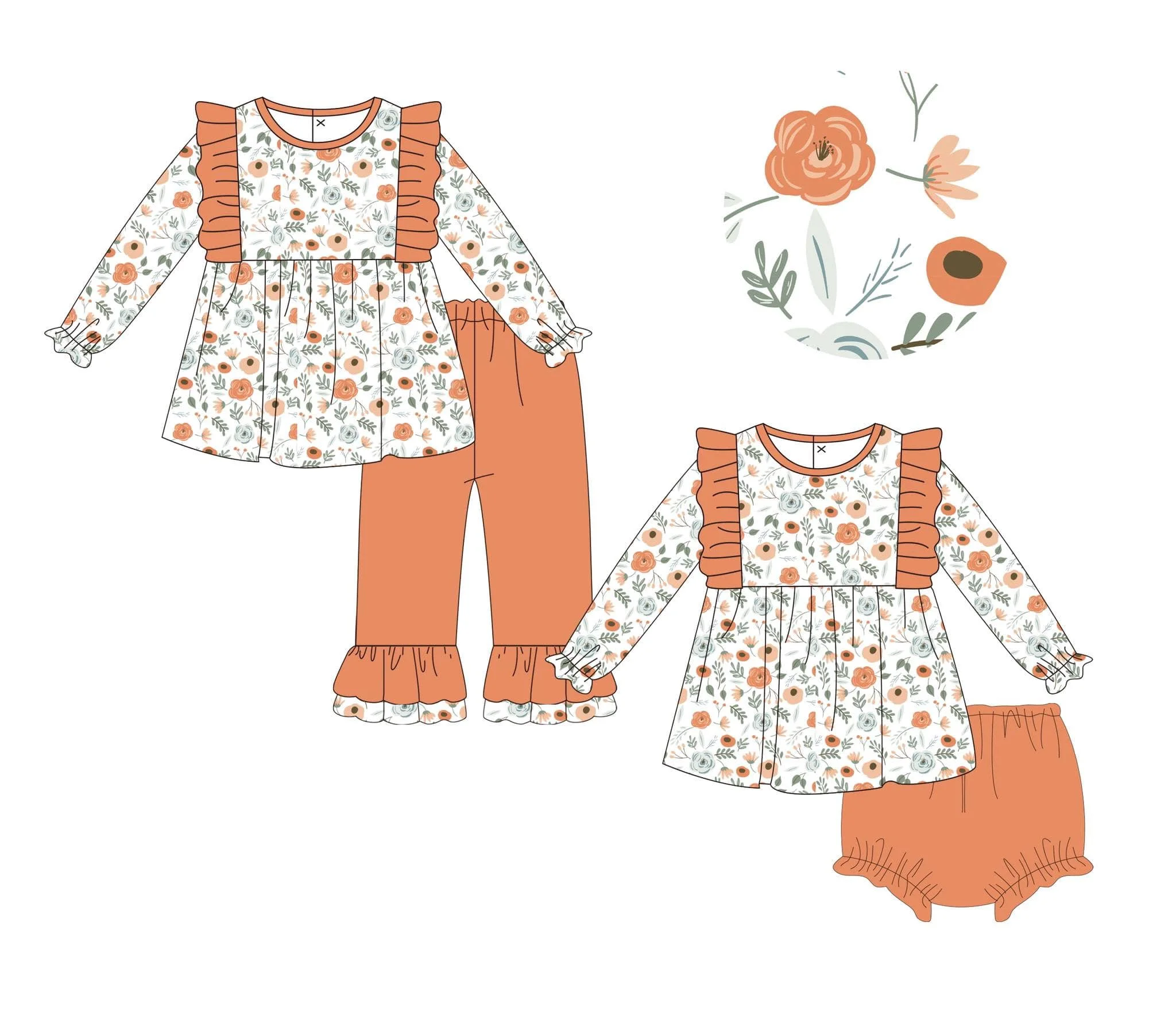 spring girls clothing outfits  floral prints  outfits low moq clothes for girls flowers pattern boutique children clothing