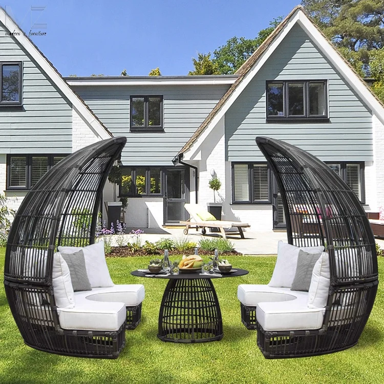 Современная уличная мебель садовый полиэтиленовый ротанговый шезлонг мягкая подушка Круглый солнцезащитный комплект с алюминиевой рамкой