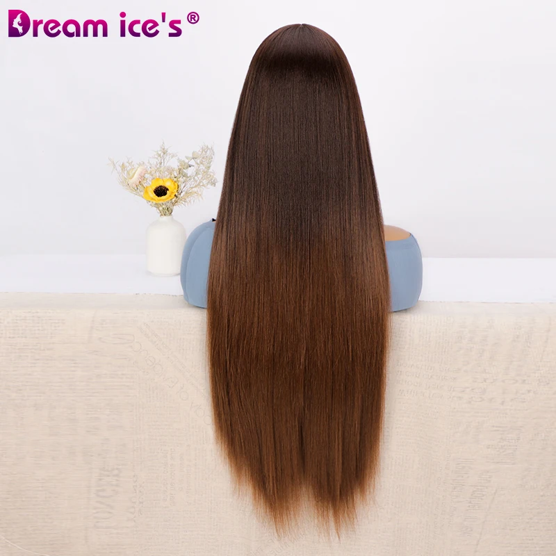 Wholesale long dark brown straight lace front synthetic wigs middle part glueless T part lace for women heat resistant hair wigs