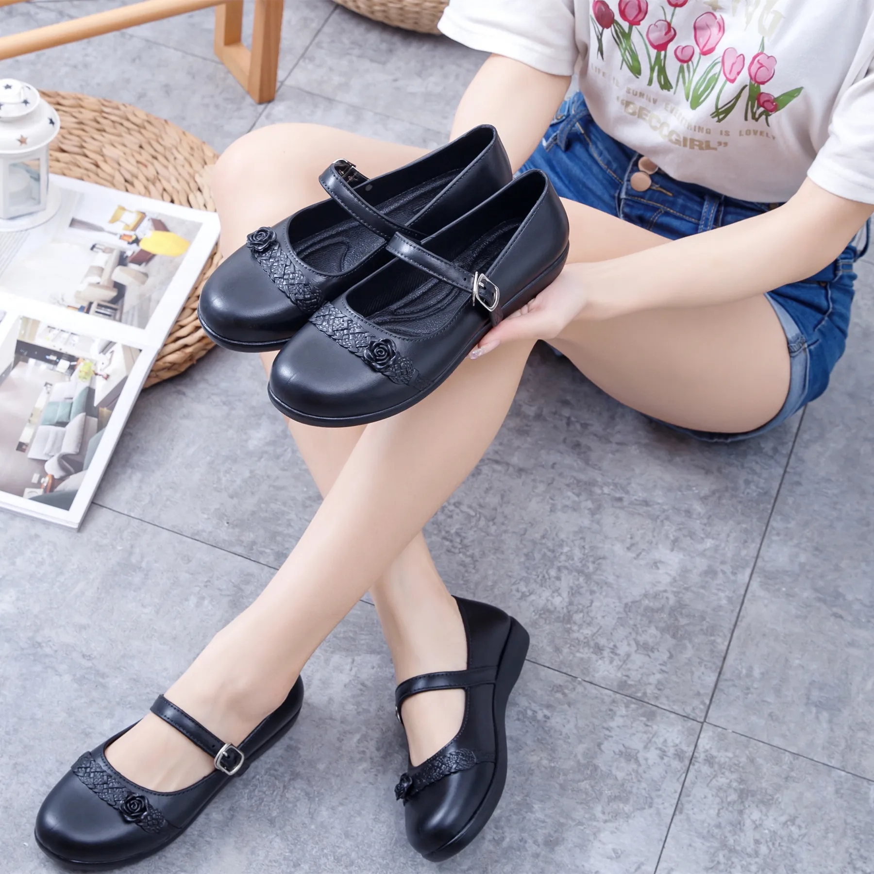 ladies flat girls sandal large school shoes mary jane shoes woman black shoes for girls