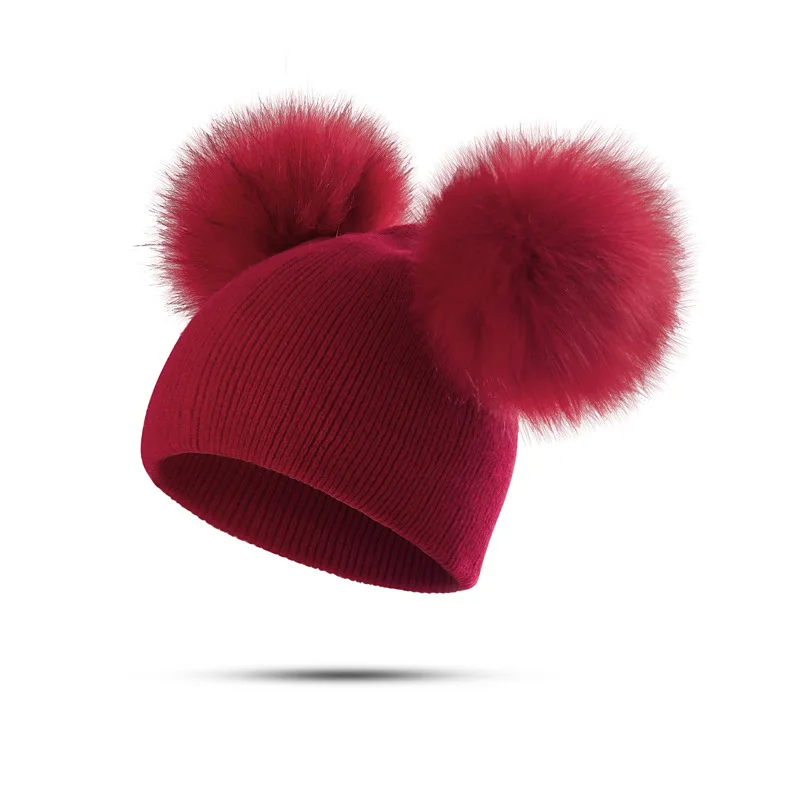  solid color plain detachable double ball newborn winter hats with pom baby beanie