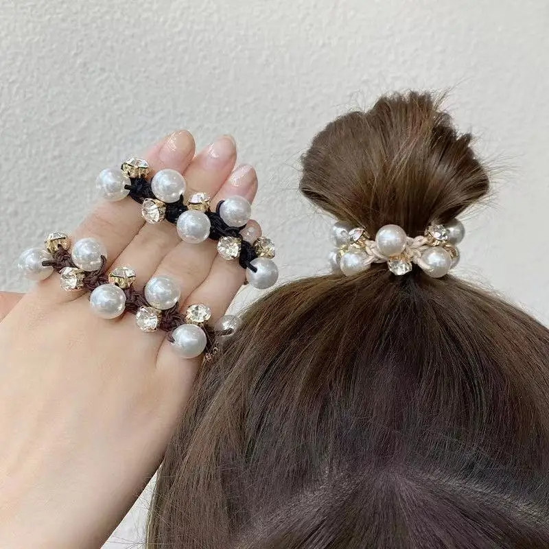 Fashion Hair Accessories Ponytail Holders Pearls Hair Bands Rope Rhinestone Hair Tie for Women Girl