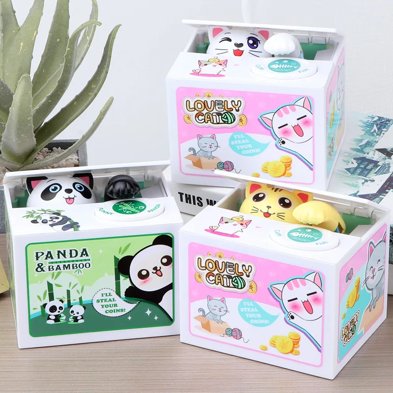 Creative Cute Plastic Children Kids Cartoon Animal Smart Electronic Cat Panda Eat Steal Money Coin Bank Saving Box Saving Bank