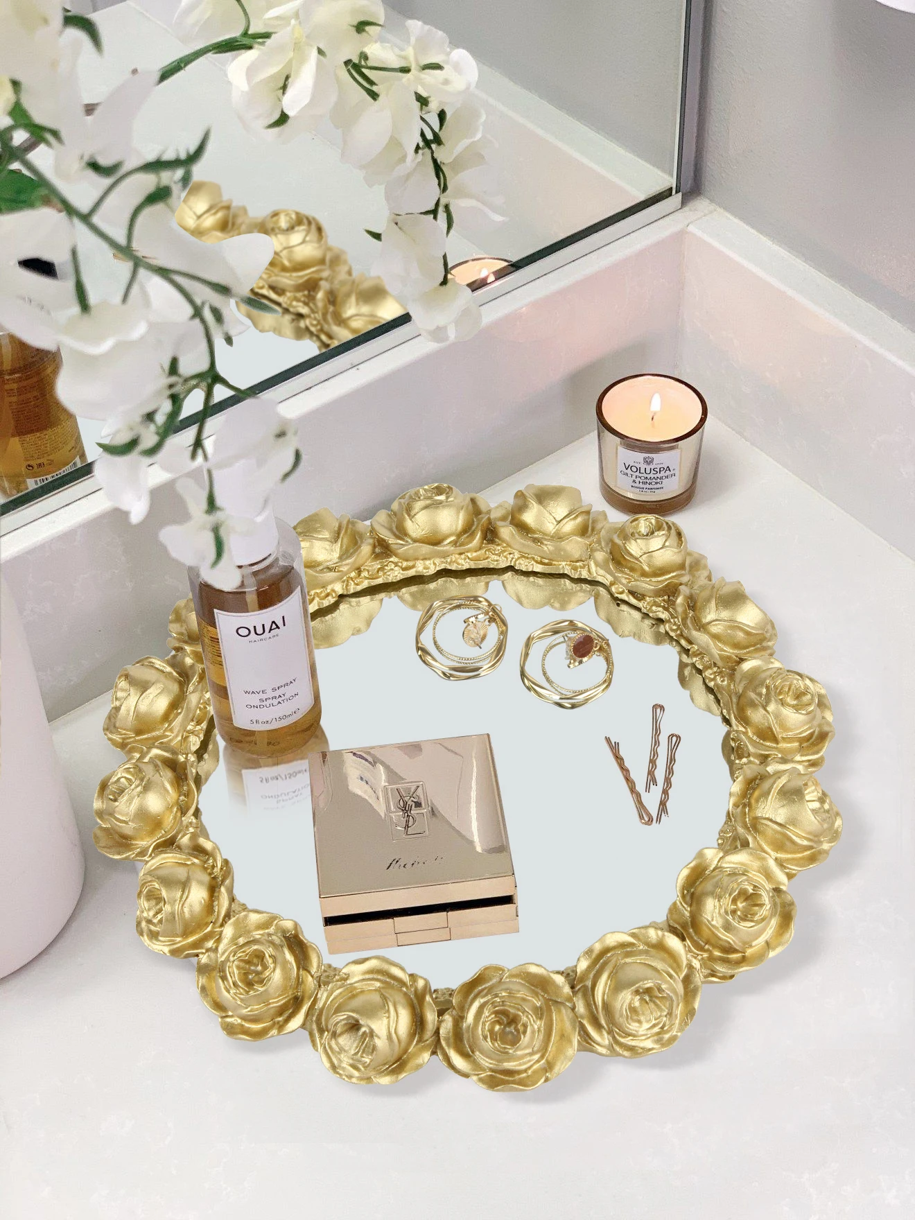 Nordic style round retro carved gold mirror tea fruit dessert coffee dessert table storage tray
