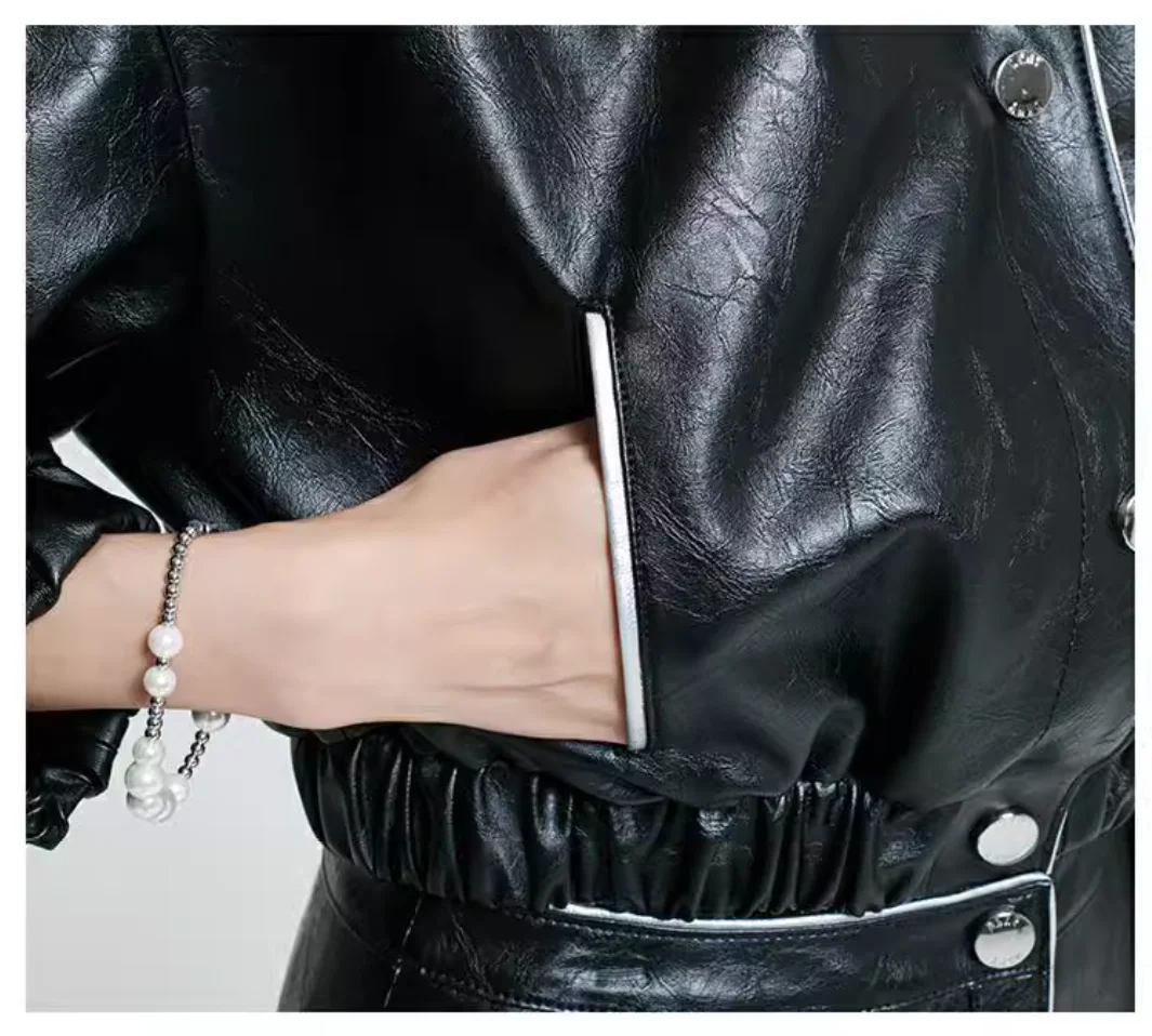 YRP011 Upmarket Chic Style PU Leather Cropped Bomber Jacket High-end Synthetic Leather Blouson