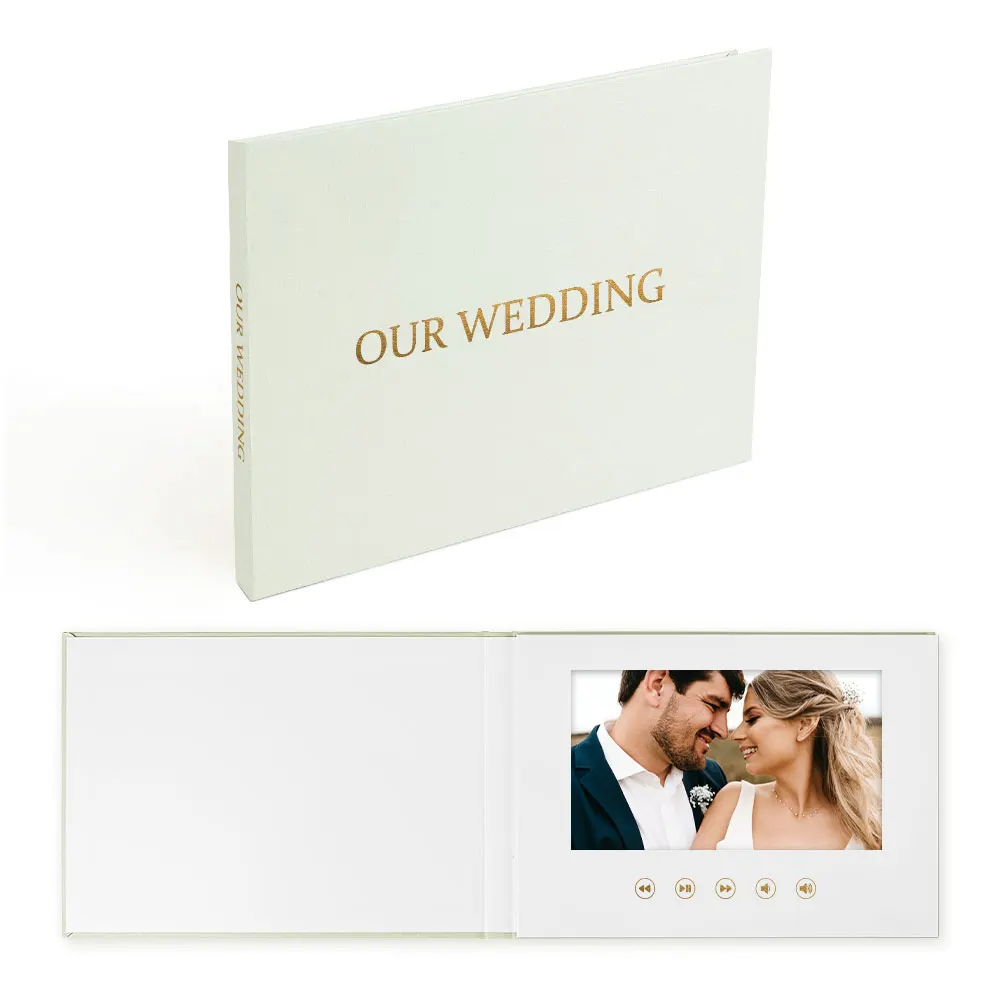 Видео-альбом с памятью 7-дюймовая льняная брошюра в твердом переплете нашей свадебной золотой фольгой видео-пригласительная книга
