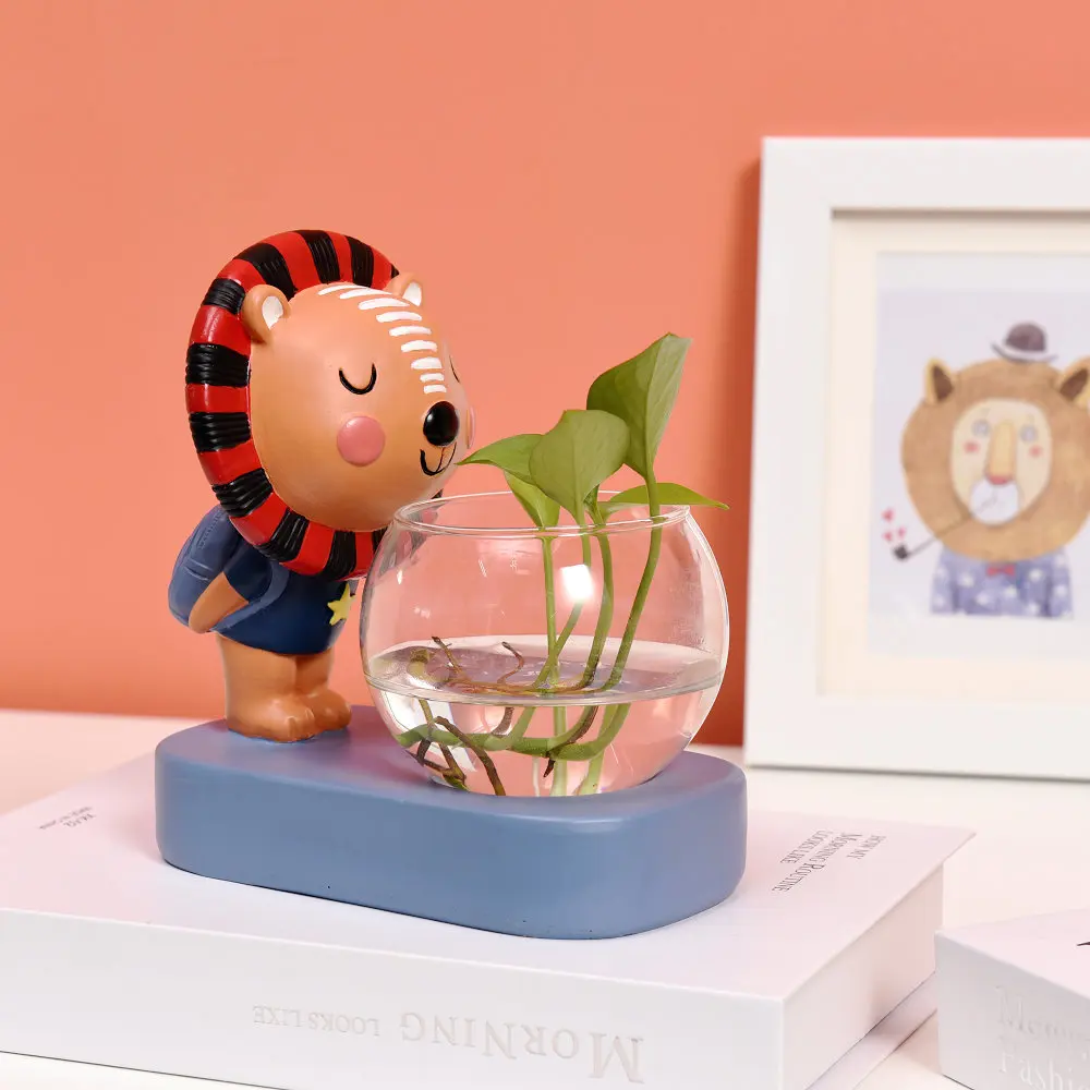 Newest Cute Animal Lion Flower Pot With Lighted Small Grass Vase Decoration