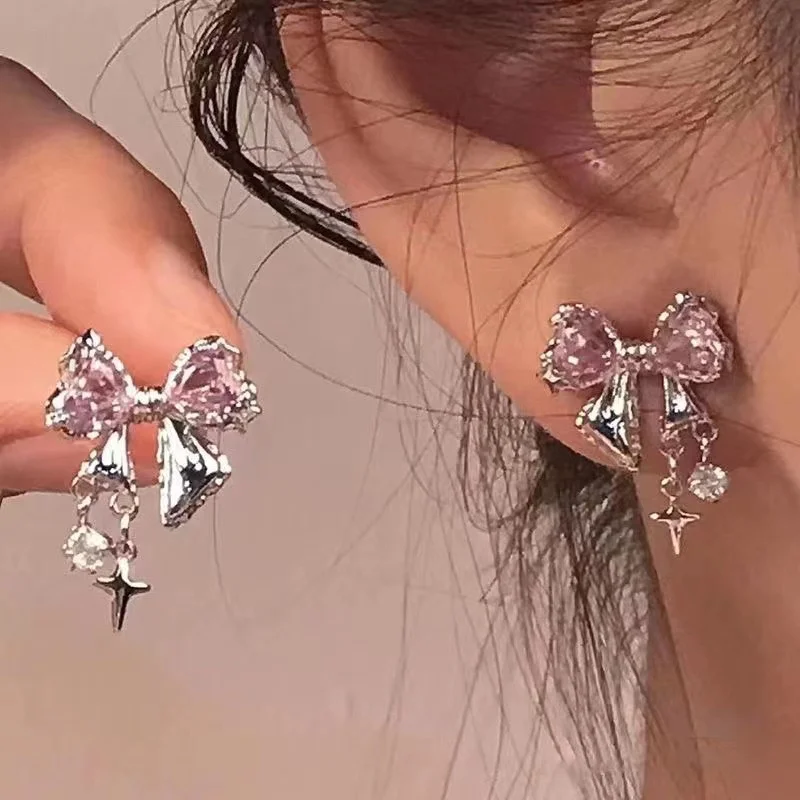 2023 New Korean Style Exquisite Pink Zircon Bowknot Stud Earrings for Women Girls Sweet Star Pendant Earring Jewelry