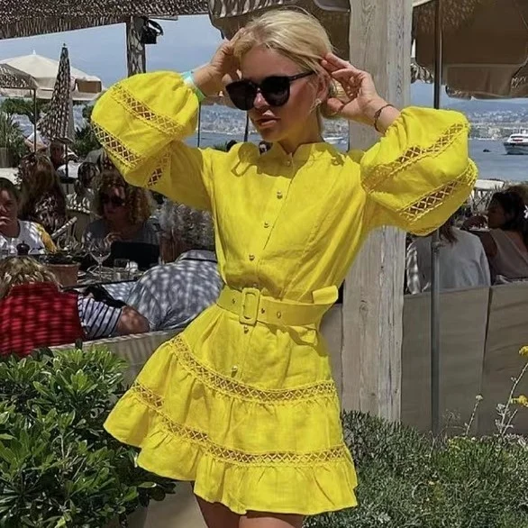 2022 Amazon Embroidered Stand Collar Long-Sleeved High-Waisted Long Simple White Women I Casual Clothes Dresses