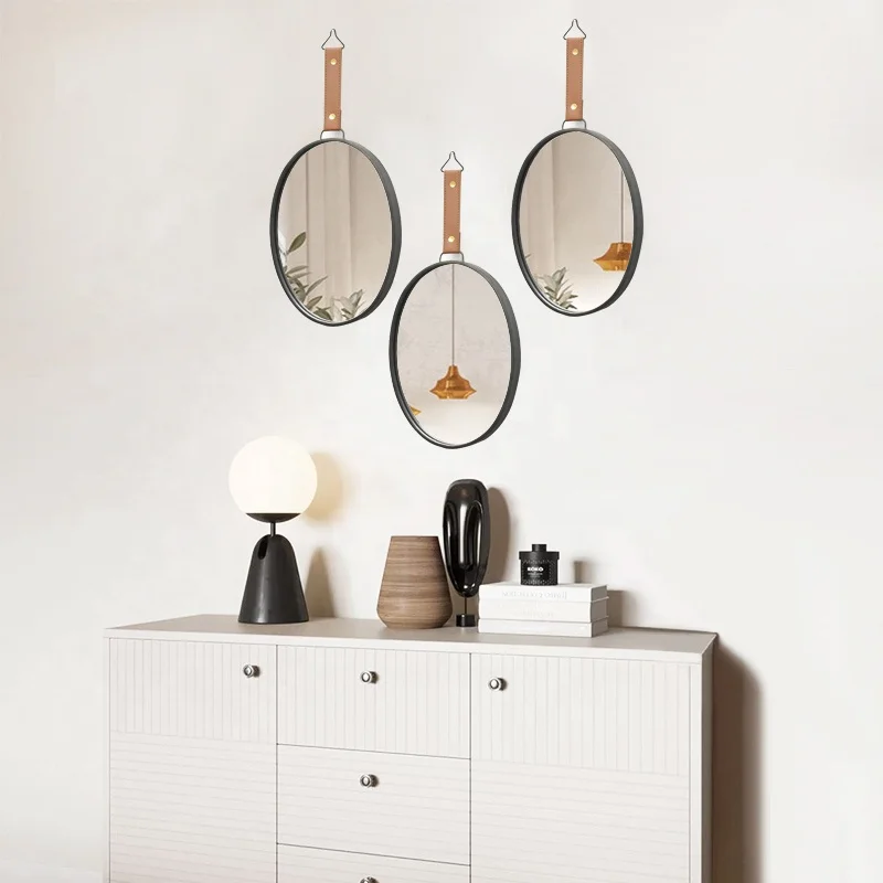 Customized product Modern Farmhouse 3 PC Oval Small Wall Mirrors Sticker Decor Set Decorative Hanging Wall mirror Home Decor