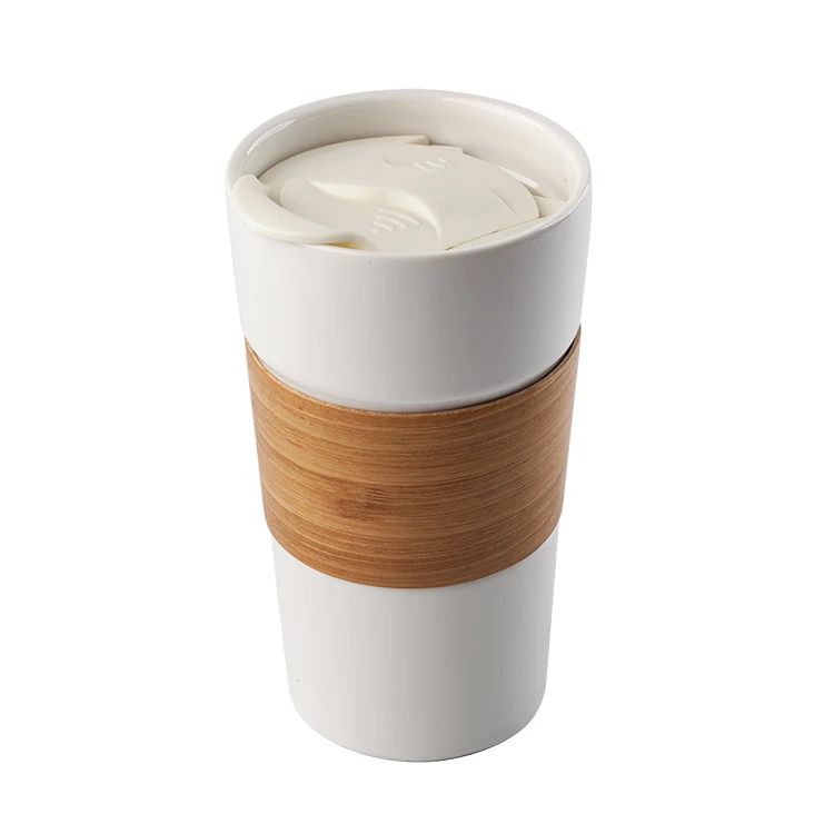 Custom Logo  Bamboo Sleeve Ceramic Coffee Cup with Silicone Lid