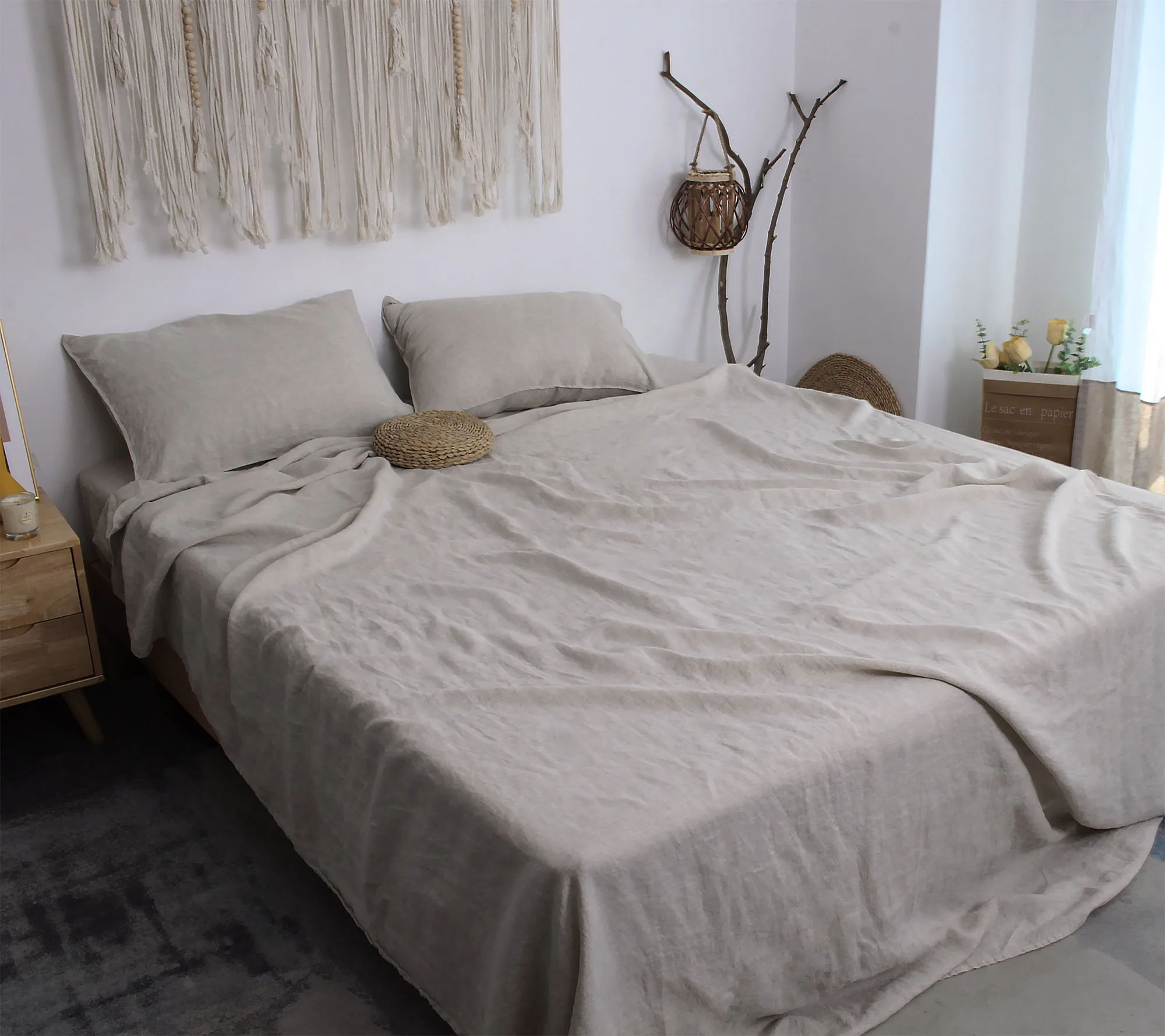 100% French Flax linen bedding stone washed bed sheets set Natural Linen sheets  Oatmeal linen set