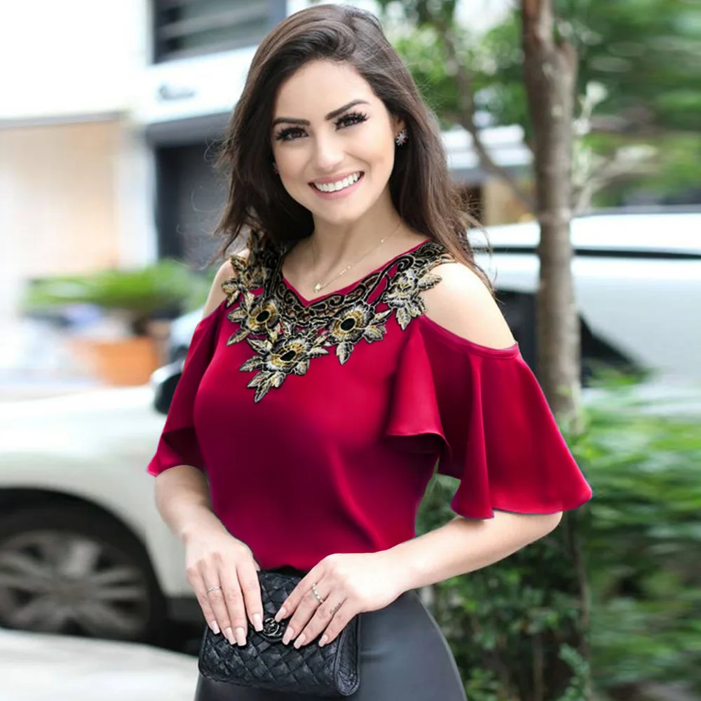 Fashion ladies blouses tops cold shoulder embroidery satin blouse