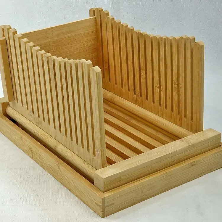 Eco - friendly Bamboo wood foldable Bread Slicer And Removable Bread Cutting Board with crumbs tray