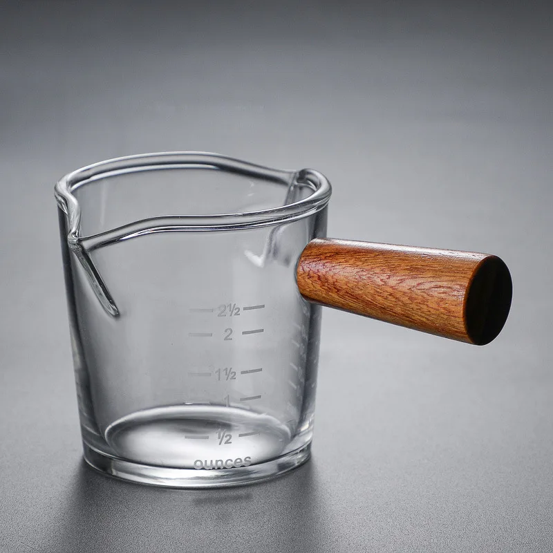 Measuring Shot Glasses Double Spouts Espresso Liquor Glass Cups Clear Round Beakers with Wooden Handle for Milk Coffee Tea