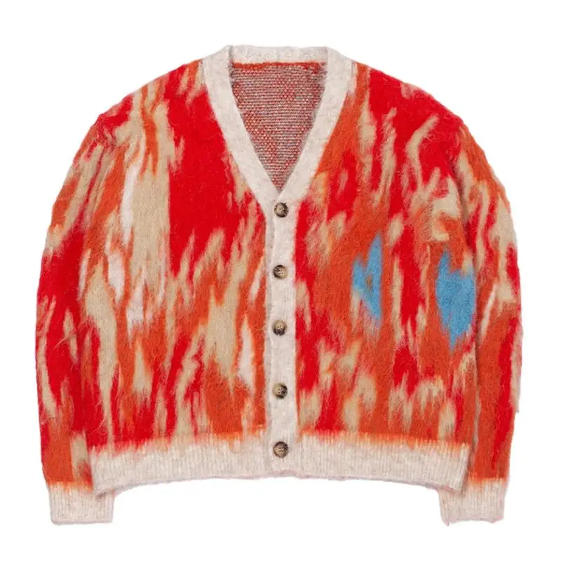 Custom LOGO Mohair Sweater Men Furry Knitwear Alpaca Wool Blend Jumper Winter Knitted Coat Men Cardigan Fuzzy Mohair Sweater