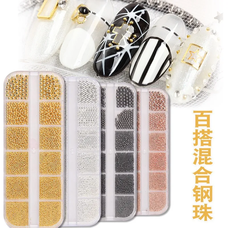 12 Grid package mixed size Metal nail Bead Factory Supplier Grey Rose Gold Nail Art Mini Stainless Steel Small Micro Caviar Bead
