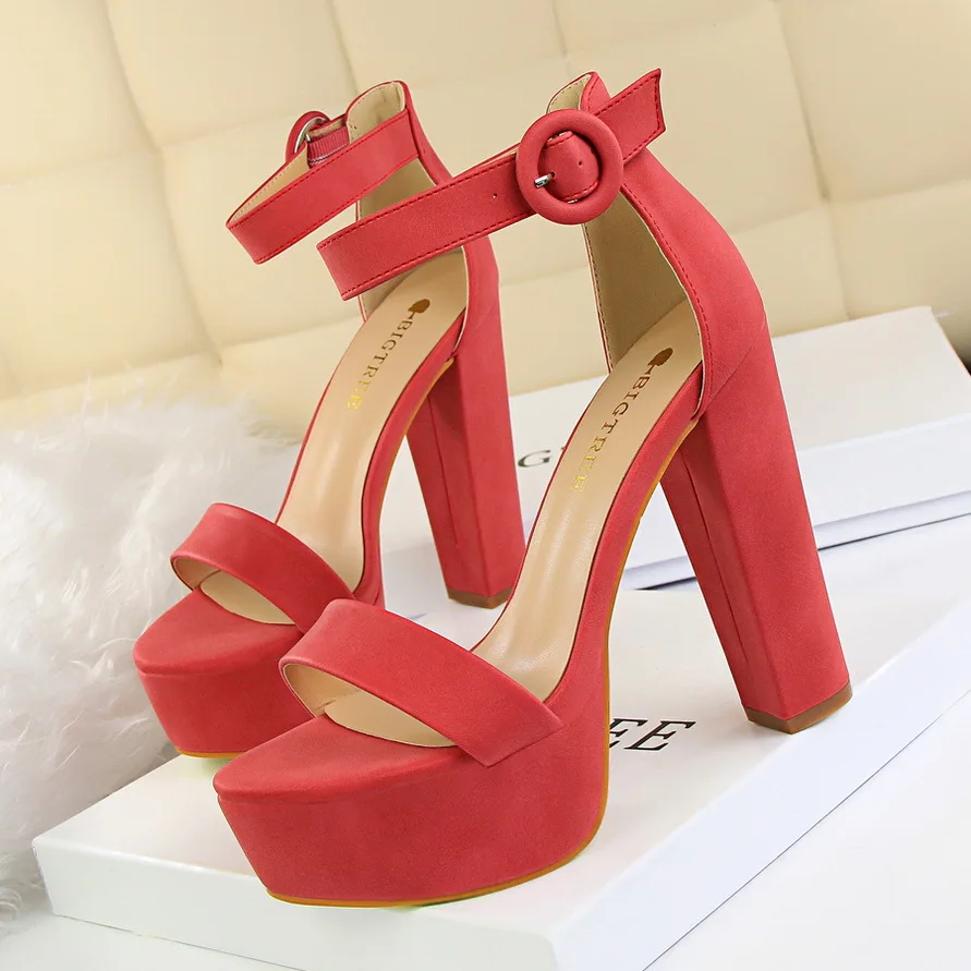 DLS010 latest woman platform open toe belt buckle chunky heel high heel pumps shoes for ladies