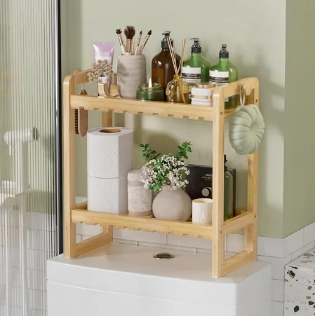 2 Tier Bamboo Organizer Countertop Over Toilet Storage Shelf Display Stand Holder for Kitchen and Bathroom