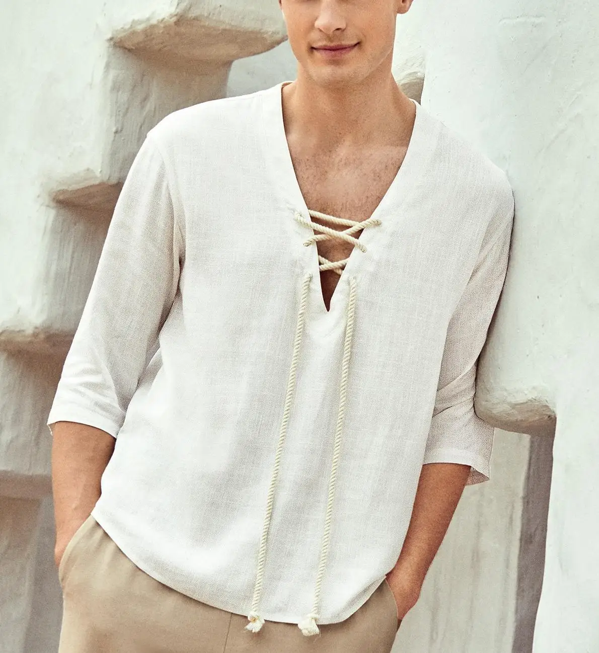 Wholesale Cheap Plain Khaki Blank Color Tie Up Cotton Hemp 190 Gsm Casual Short Sleeve Shirt for Men