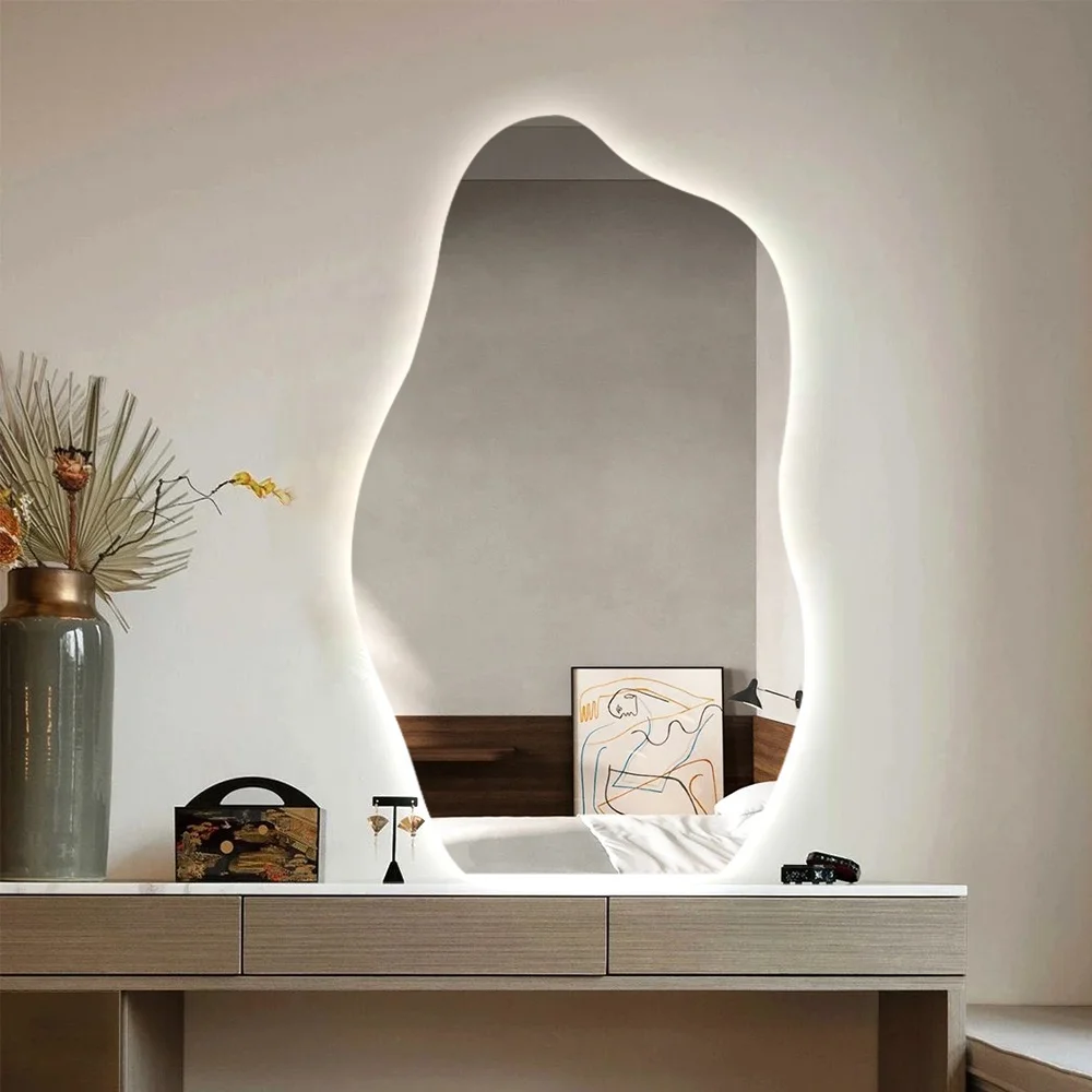 Touch Screen Smart Mirror Irregular Bathroom Makeup Mirror Wall Hanging Illuminated Heated Glass Led Bath Mirrors