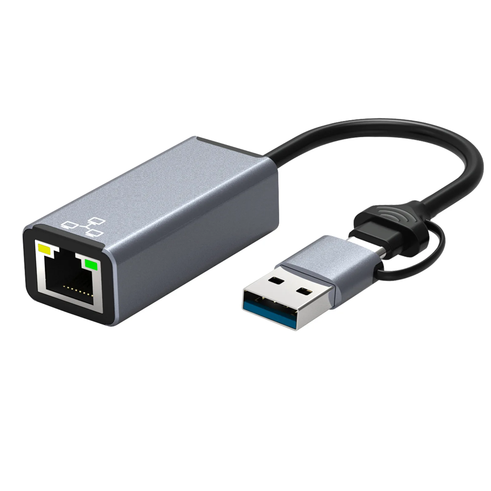 Оптовая продажа с фабрики, сетевая карта 2 в 1 типа C/ USB A к адаптеру Ethernet rj45 из алюминиевого сплава для телефона, ноутбука