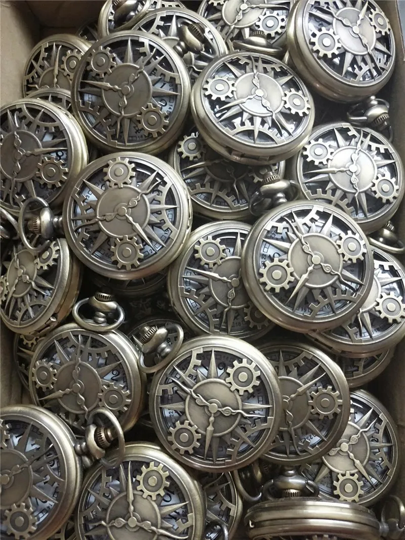 Custom Vintage Pocket Watch Necklace Bronze Color Visible Dial Hollow Out Old Quartz Pocket Watch