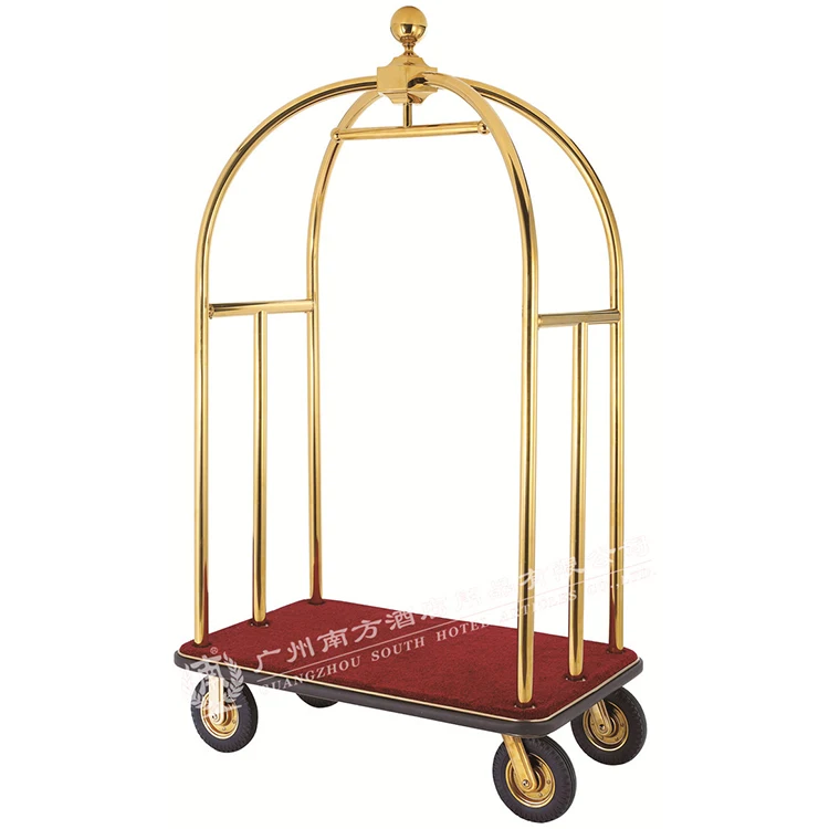 New design removable Custom Stainless Steel Hotel gold iron portable Bellman Baggage Cart lobby Luggage Trolley for Hotel