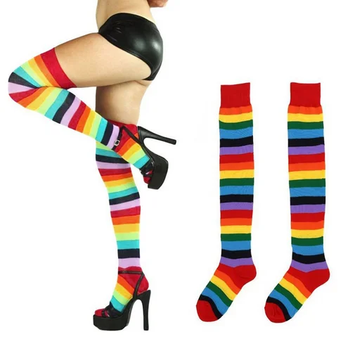 KTE-151 Wholesale Custom Logo Thigh High Stockings Striped Plus Long Size Colorful Fancy Rainbow Women Over Knee Socks
