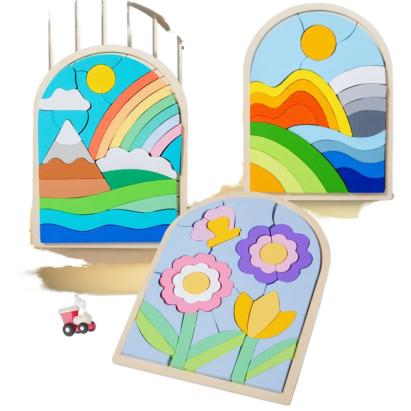 Wooden Toys For Children Cartoon Stereoscopic Puzzles Rainbow Toys Building Blocks Matching Puzzle 3d Puzzles Toys For Kids