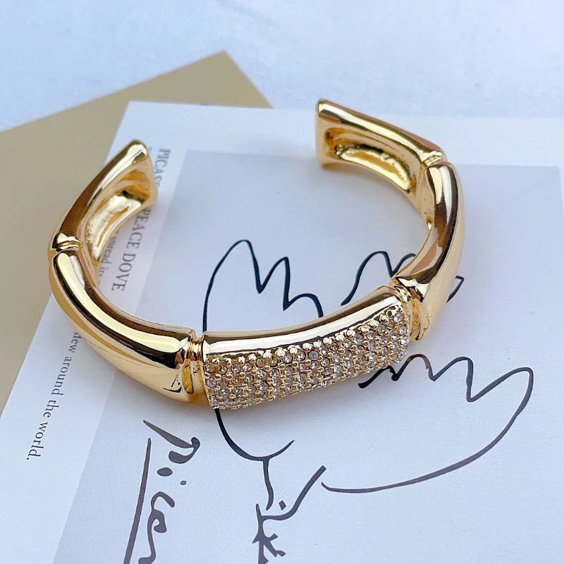 Fashion Hot Selling 18K Gold-plated Bamboo Section Set With Diamond C-shaped Open Bracelet For Women