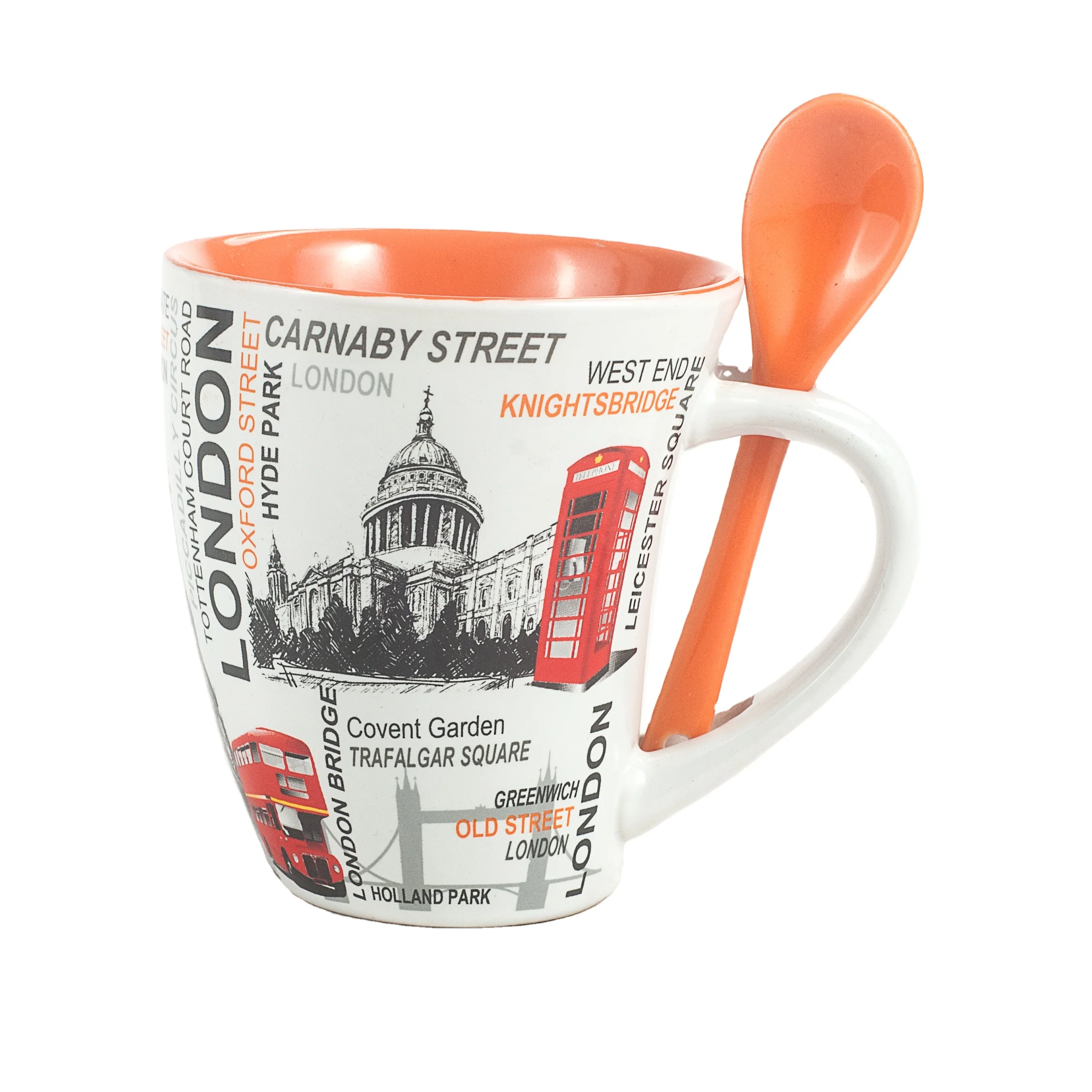 cheap 300ml 10oz london city souvenir inner color mugs set wholesale ceramic coffee mug with spoon
