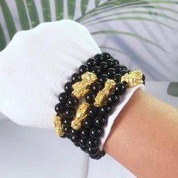 Firstmadam 24K Pure Gold 3D Hard Gold 2g Piyao Pixiu 8mm Beads Lucky Charms DIY Bracelet