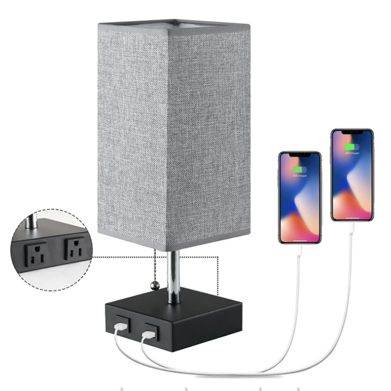 Home bedroom bedside square Fabric lampshade USB rechargeable nordic led table lamps
