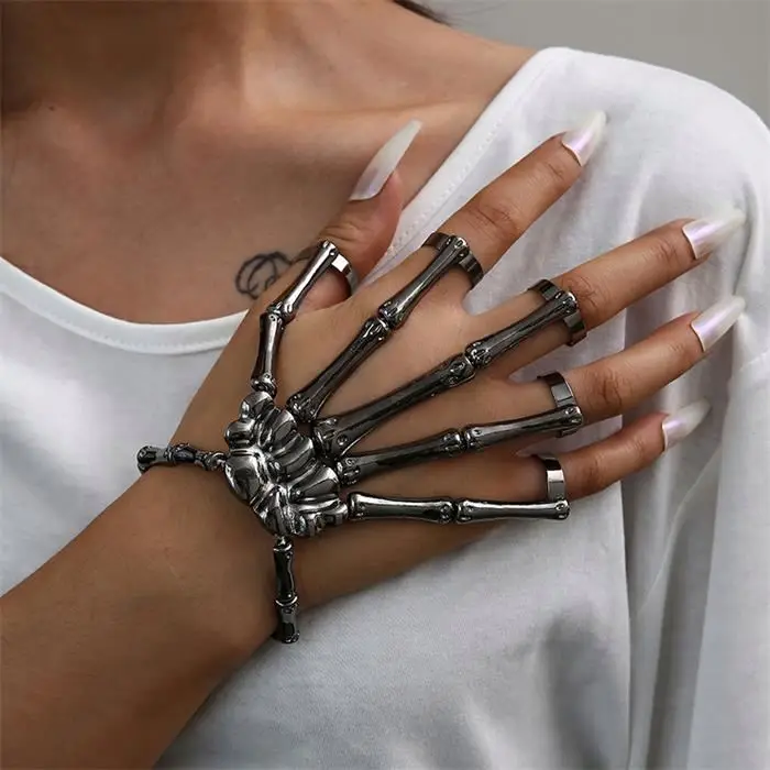 Black Hem Gothic Skull Tools Full Hand Skeleton Bracelet with Ring Metal Hand Bangle Bracelet For  Men